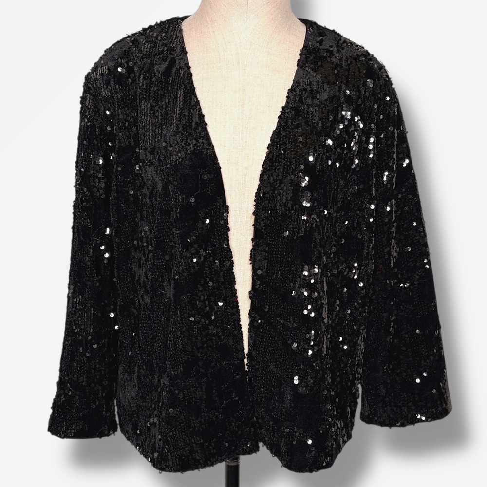 Chico's Size 2/12/Medium Black Sequin Open Front Jacket Blazer New Years‎ Eve